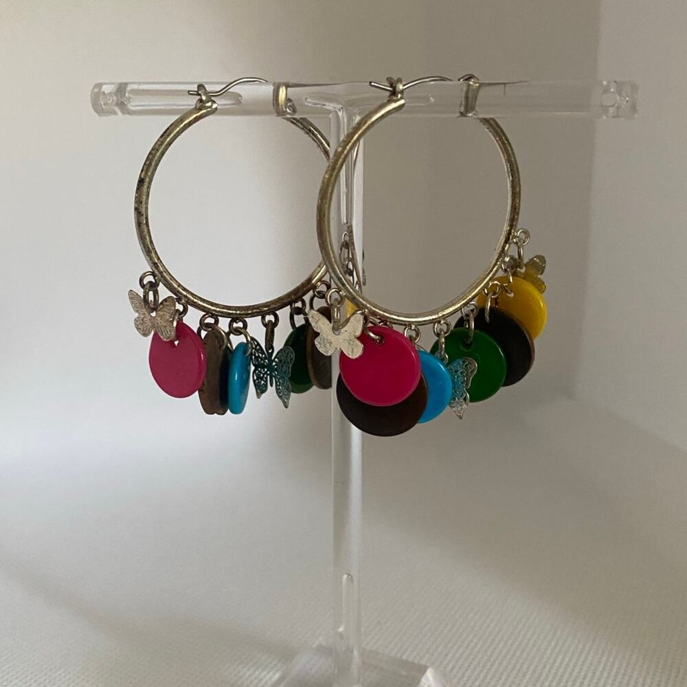 Colorful Boho Hoop Earrings with Butterfly Charms Mixed Disc Dangles 2in - Picture 8 of 17